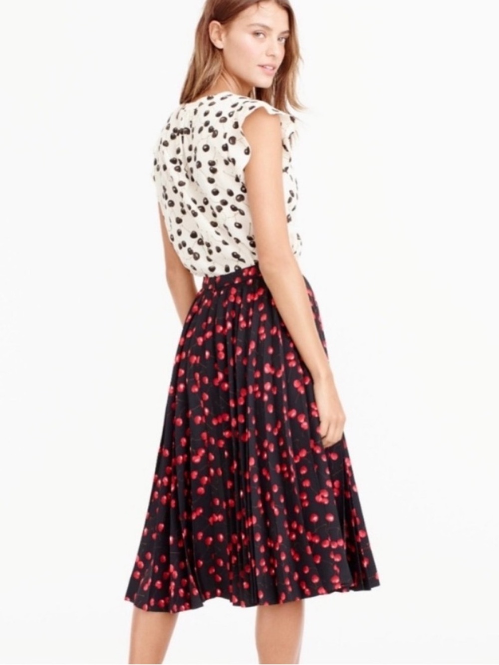 J. Crew Size 10 Cherry Patterned Pleated Midi Skirt - Black/Red